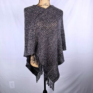Chunky Knit Sparkle Fringe Poncho Shawl Wrap‎ Dark Gray Silver O.S